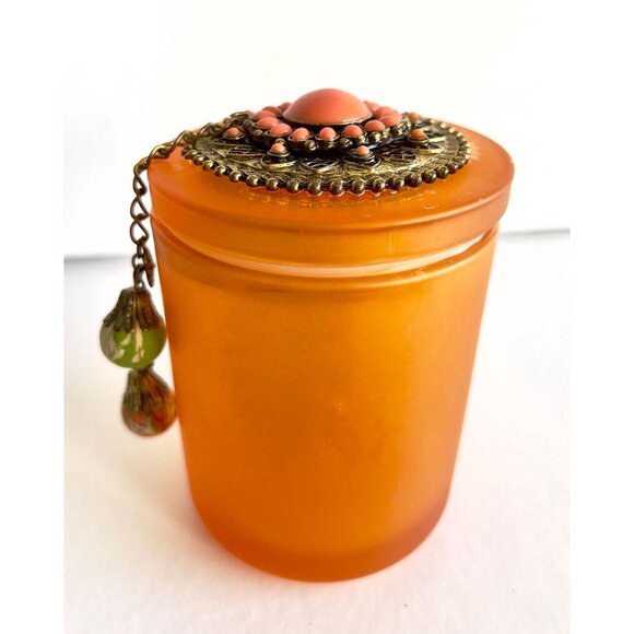 Orange Glass Jar Books Jewel Encrusted Lid Ball Tassle Vanity Jar Jeweled Orange - Picture 3 of 10
